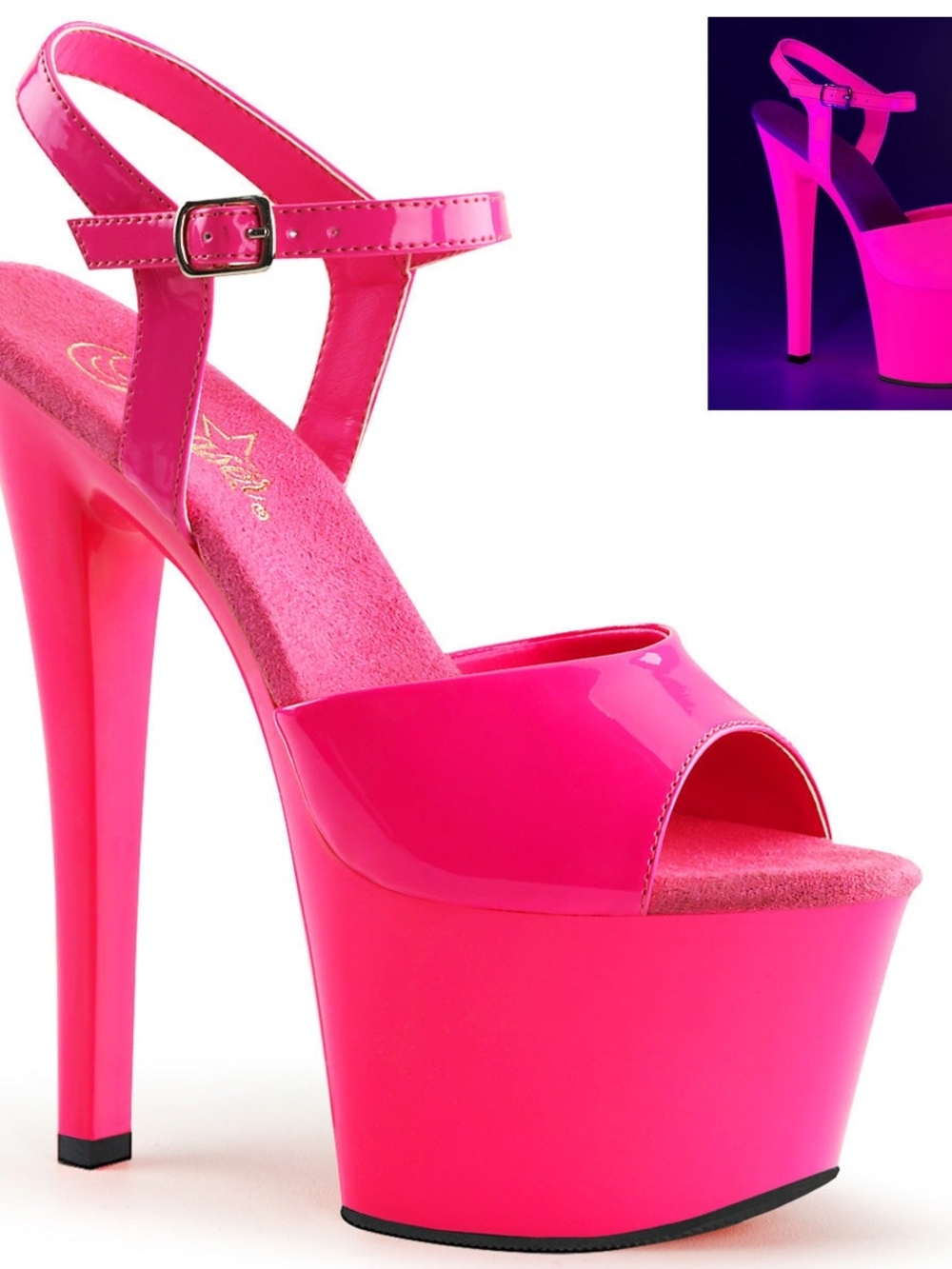 Pleaser Neon Pink 7" Platform Heels with Ankle Strap - Picture 14 of 14